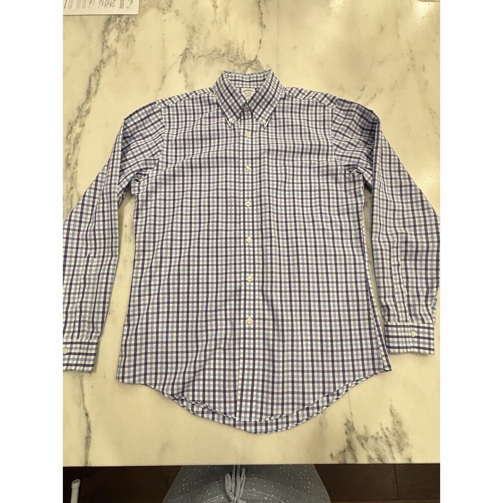Brooks Brothers Dress Shirt Men Medium Light Blue/Purple Plaid Slim Fit Non Iron